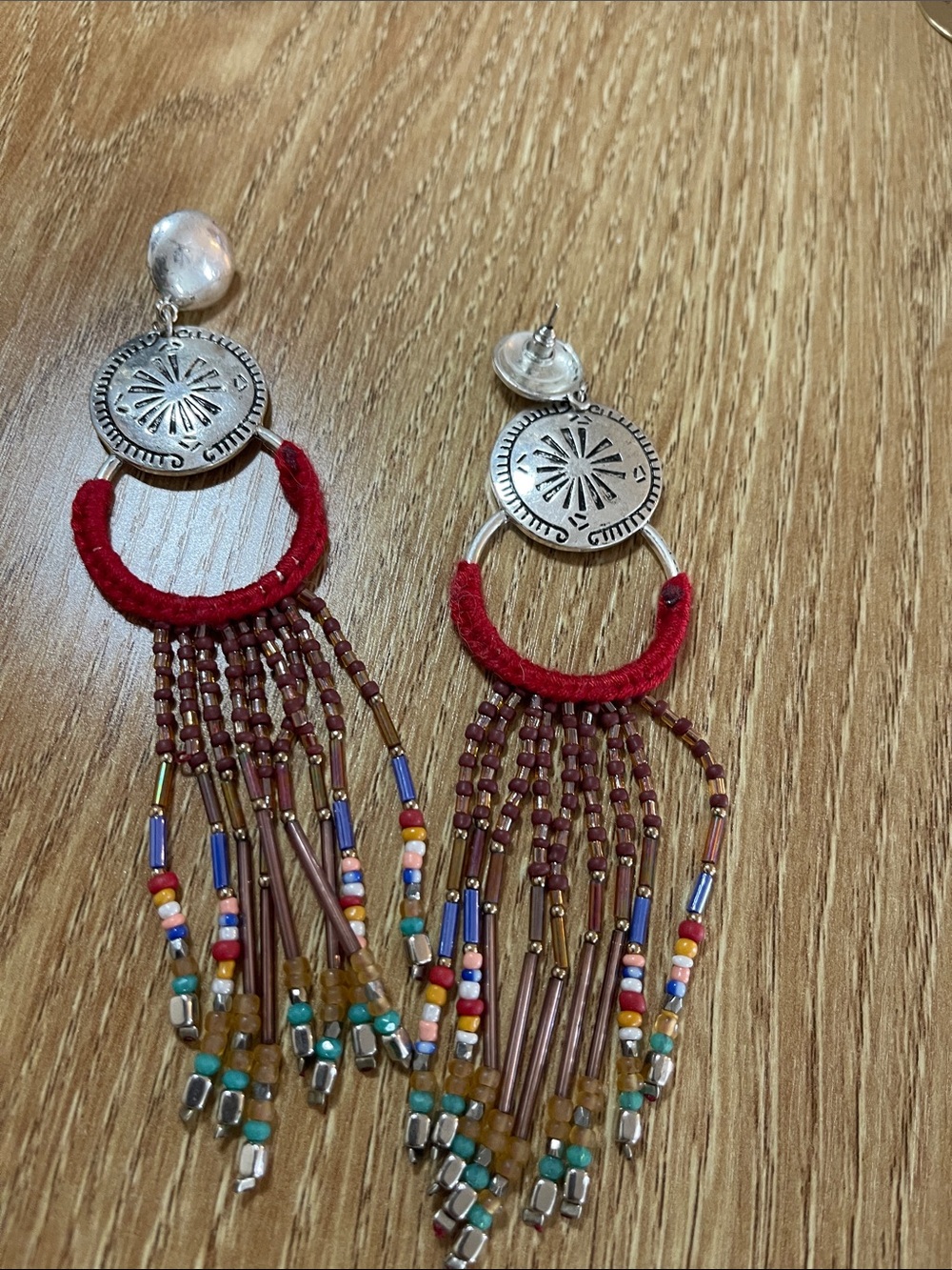 Free People Red Wrapped Hoop Fringe Beaded Earrings